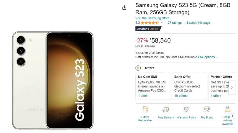 Samsung-Galaxy S23 5G - Cream 8GB Ram 256GB Storage